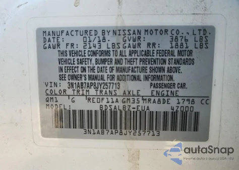 2018 Nissan Sentra S z USA, uszkodzony, nr VIN 3N1AB7AP8JY257713